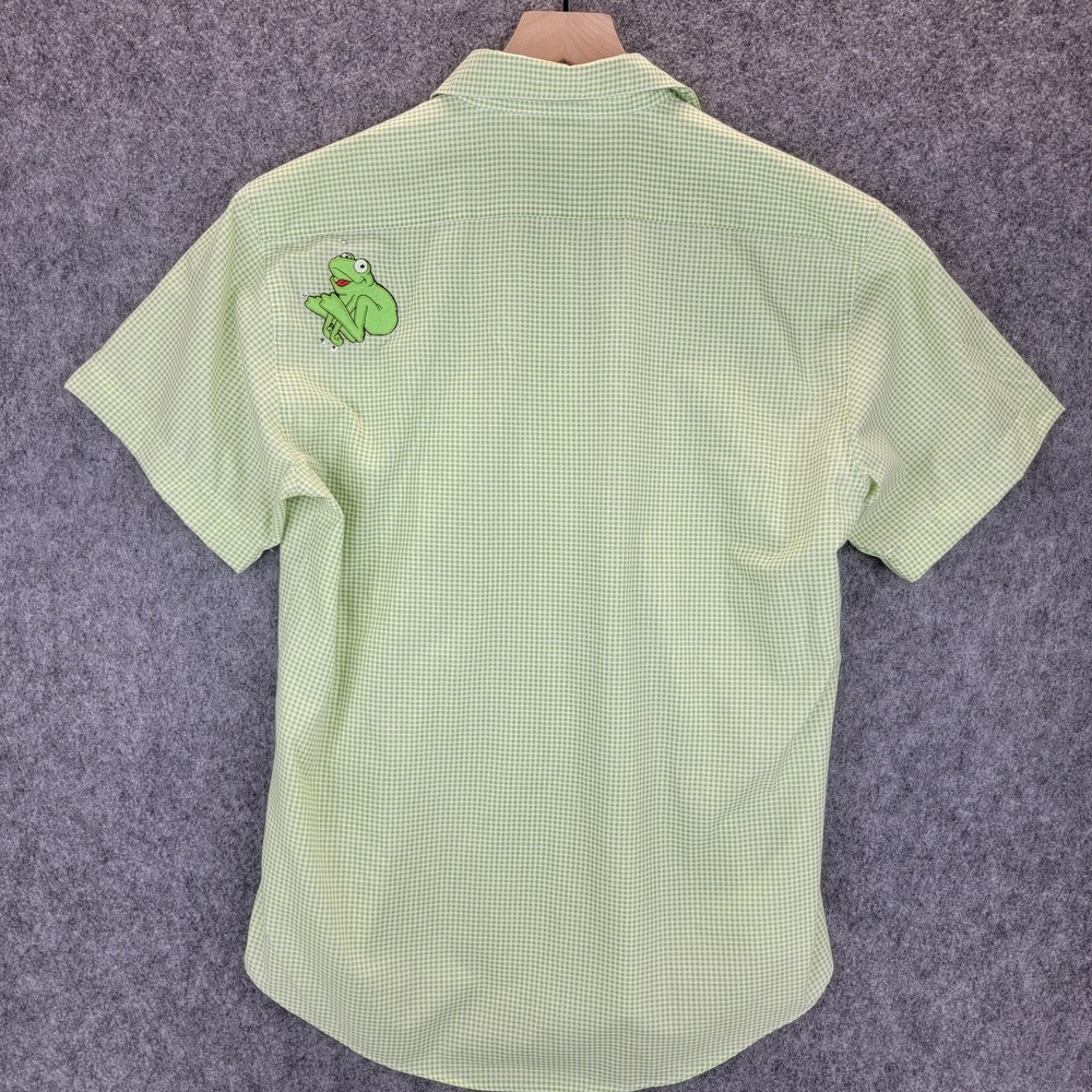 Las Olas Shirt Womens M Green Gingham Embroidered Frog Button Up Short Sleeve - Picture 2 of 12